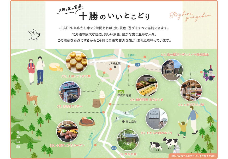 大地と食の宝庫 十勝のいいとこどり　-CABIN-帯広から車で2時間あれば、食・景色・遊びをすべて堪能できます。北海道の広大な自然、美しい景色、豊かな食と温かな人々。この場所を拠点にするからこそ叶う自由で贅沢な旅が、あなたを待っています。