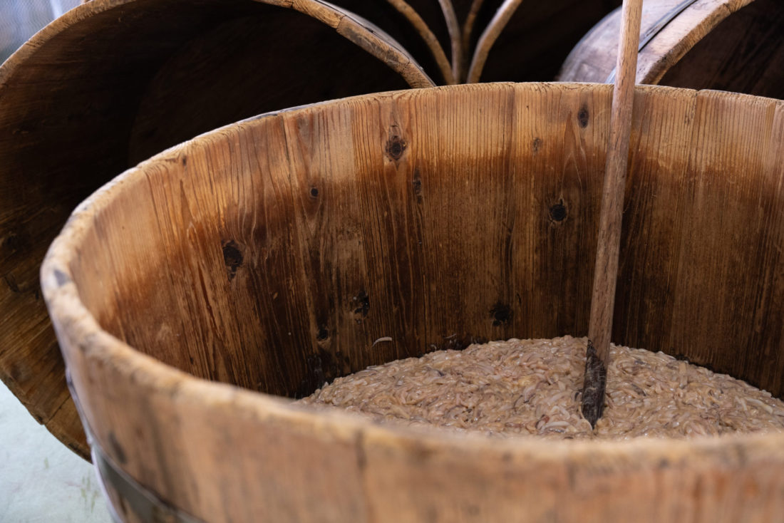 木樽で作る「いかの塩辛」。7日間熟成発酵させて作られている。